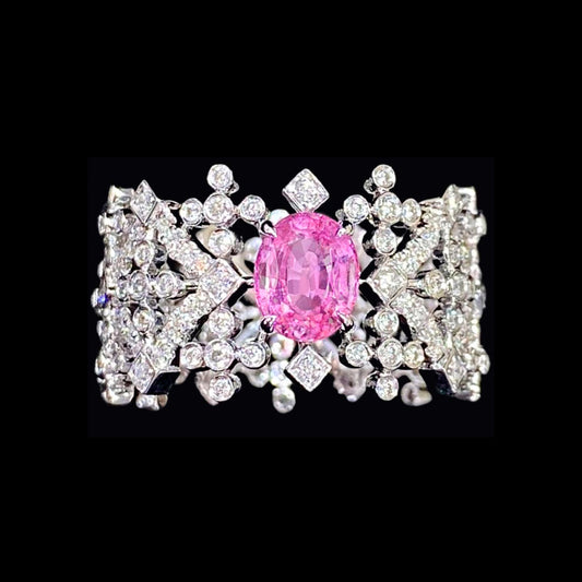 Vintage 18K White Gold Oval Pink Sapphire And Diamond Ring