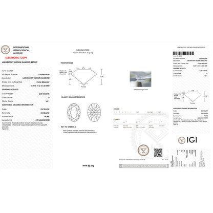 2.0 Carat Oval Lab Grown Diamond Oval Cut - D Color - VS1 Clarity -IGI Certified