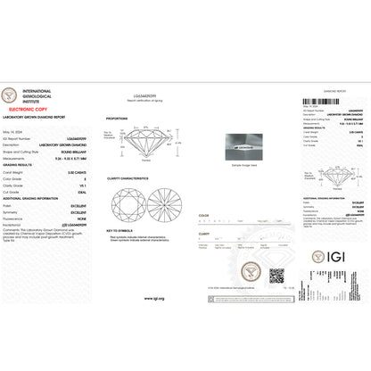 3.0 Carat Round Lab Grown Diamond Super Ideal Cut - E Color - VS1 Clarity -IGI Certified