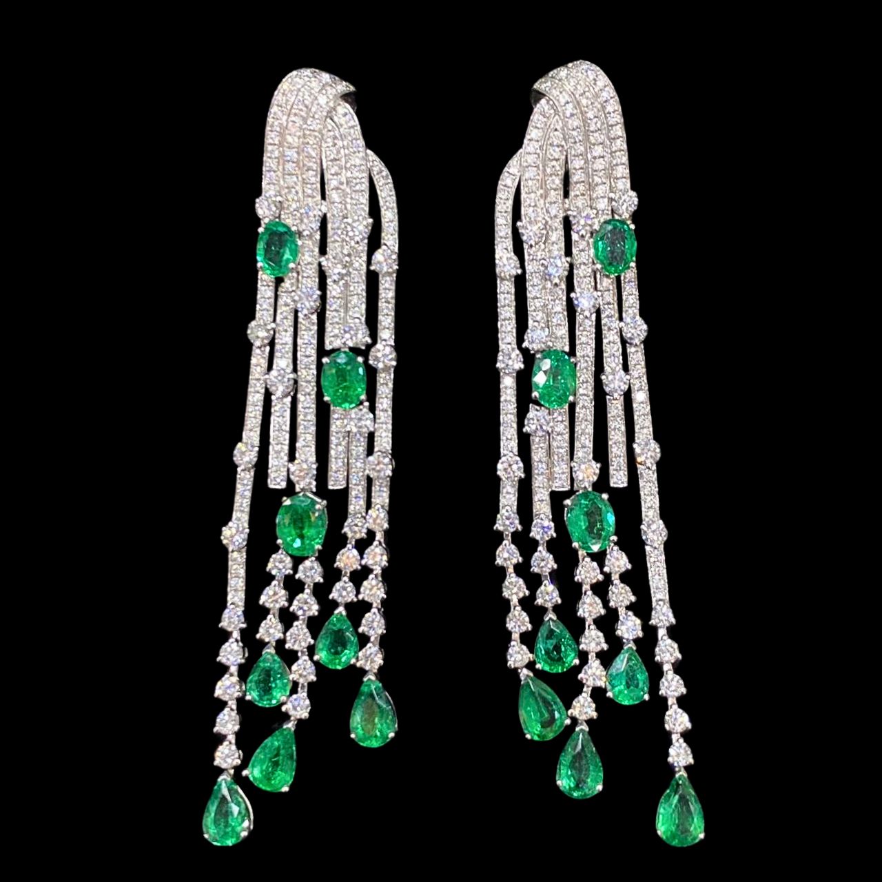 FIICCI Natural Diamond And Emerald Fringe Earrings In 18K White Gold