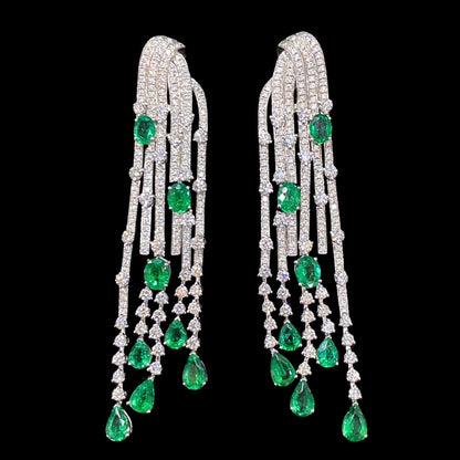 FIICCI Natural Diamond And Emerald Fringe Earrings In 18K White Gold