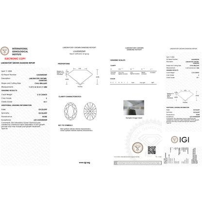 3.1 Carat Oval Lab Grown Diamond Oval Cut - E Color - VS1 Clarity -IGI Certified