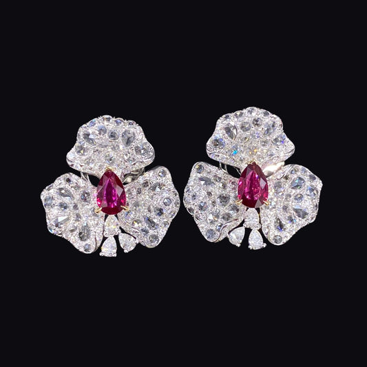 FIICCI Natural Diamond And Ruby Earrings In 18K White Gold