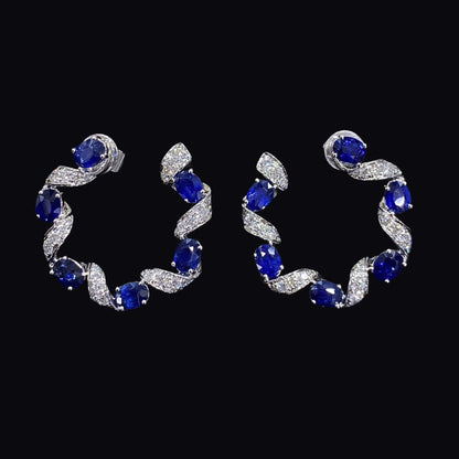 FIICCI Natural Diamond And Royal Blue Sapphire Circle Earrings In 18K White Gold