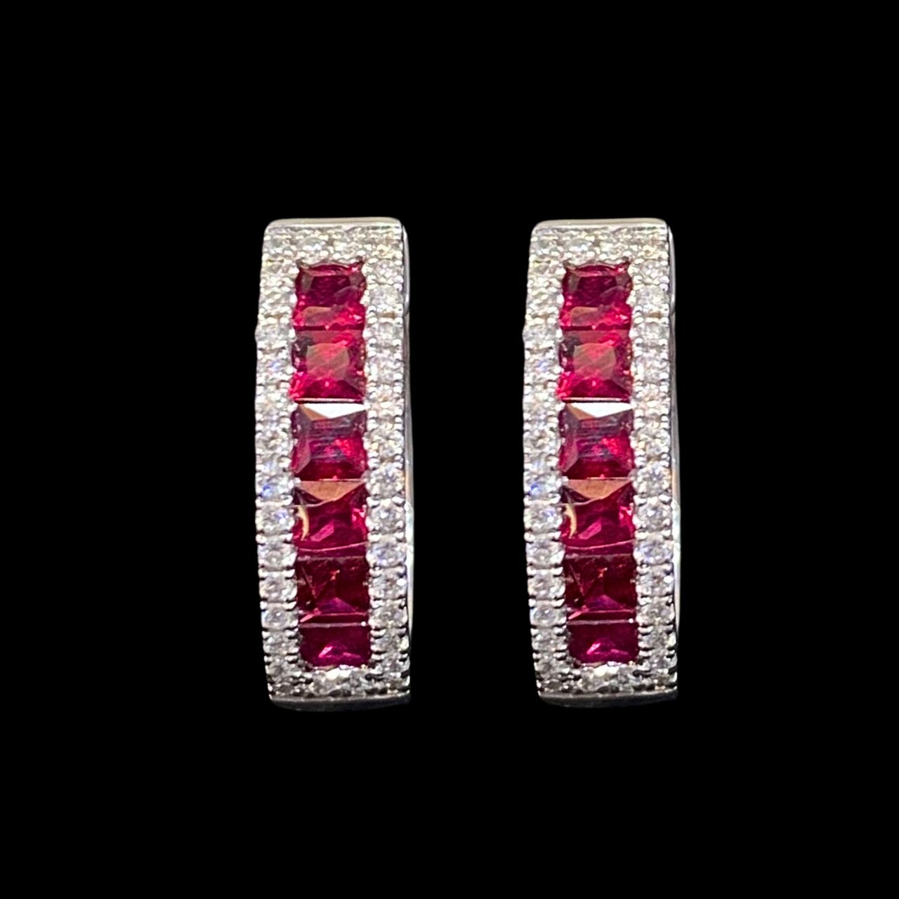 FIICCI Natural Diamond And Invisible Set Ruby Earrings In 18K White Gold