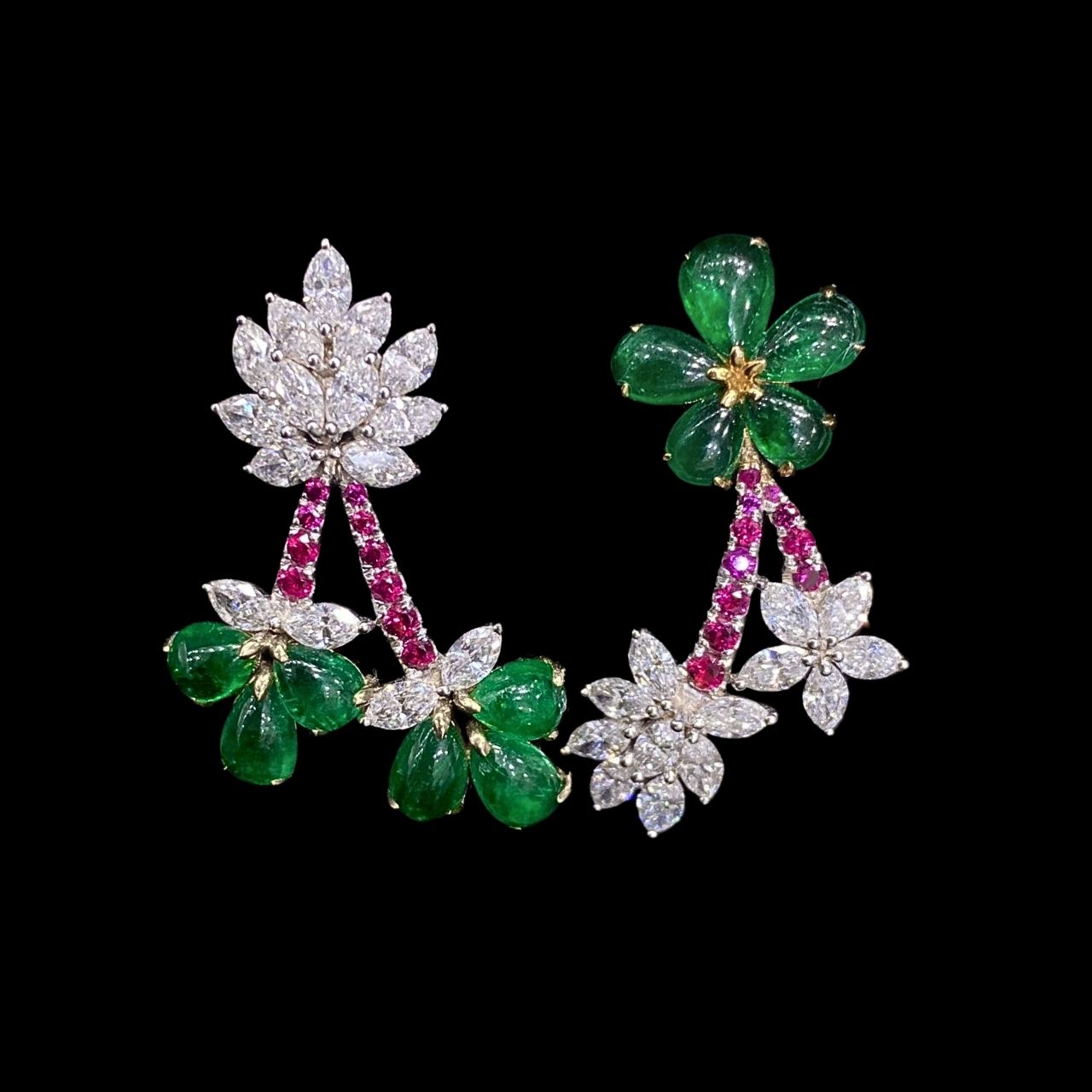 FIICCI Flower Natural Diamond And Emerald Ruby Earrings In 18K White Gold