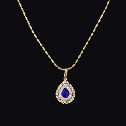 FIICCI Natural Diamond And Royal Blue Sapphire In 18K Yellow Gold Necklace