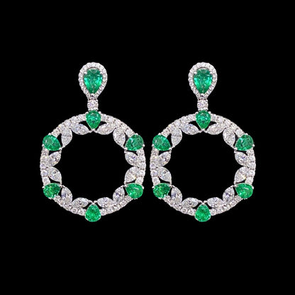 FIICCI Natural Diamond And Circle Emerald Earrings In 18K White Gold