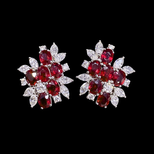 FIICCI Natural Diamond And Passion Ruby Earrings In 18K White Gold