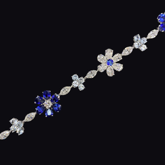 FIICCI Flower Royal Blue Sapphire And Diamond In 18K White Gold Bracelate