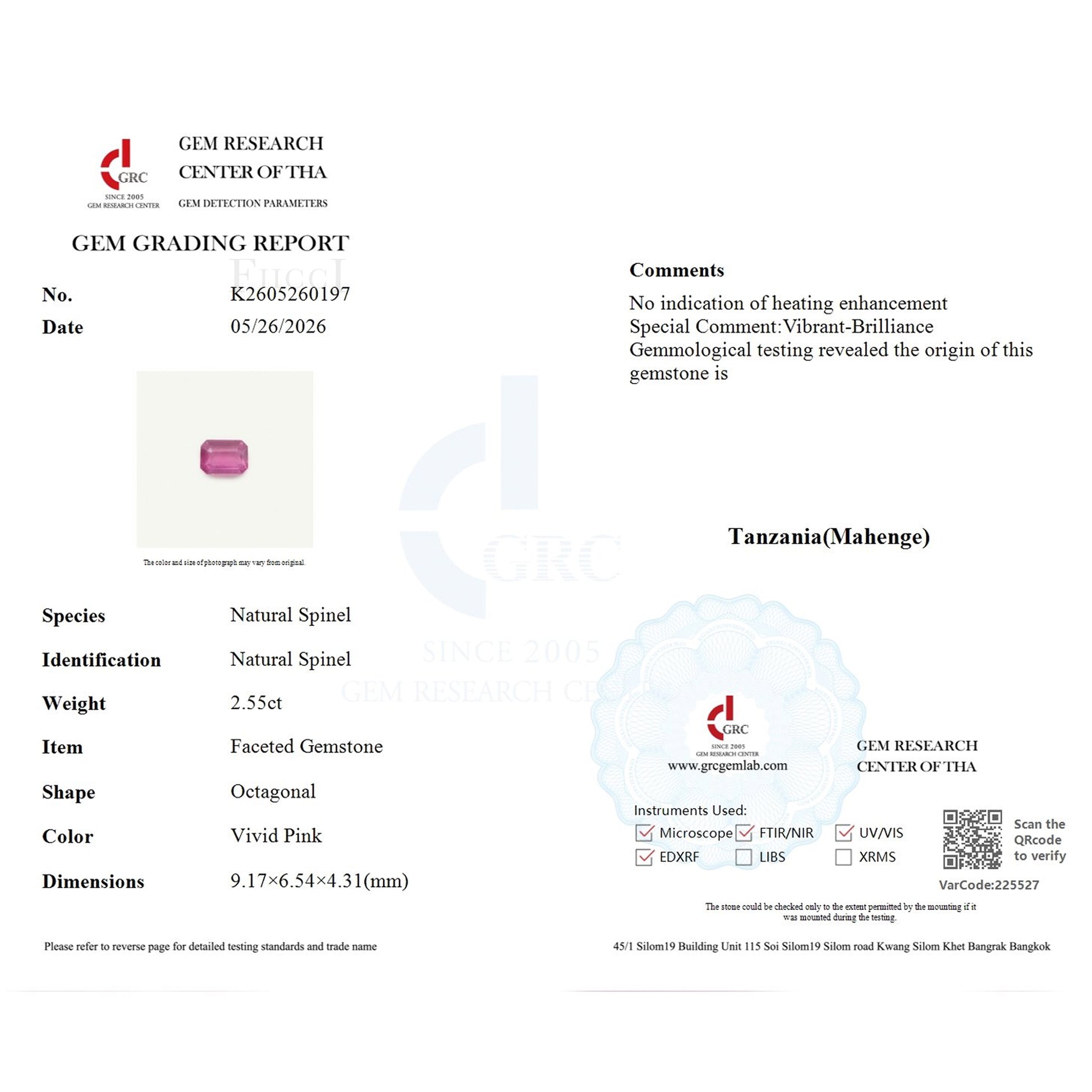 GRC Certificate for 2.55 Carat Natural Mahenge Spinel