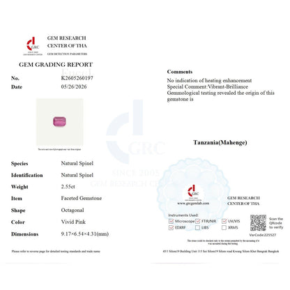 GRC Certificate for 2.55 Carat Natural Mahenge Spinel