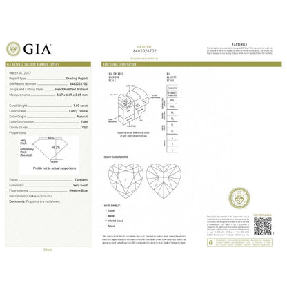 GIA Certified 1.0 Carat Fancy Yellow Diamond - Heart Shape - VS2 Clarity