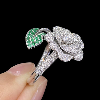 FIICCI Antique Rose Flower Diamond And Emerald In 18K White Gold Engagement Ring