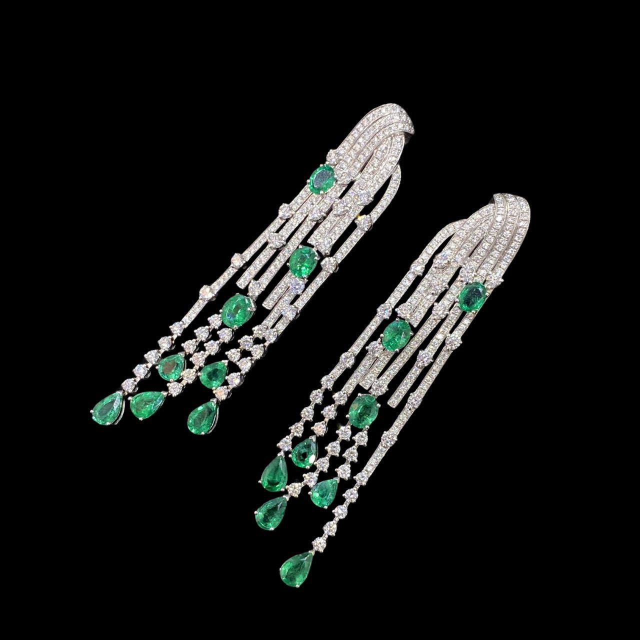 FIICCI Natural Diamond And Emerald Fringe Earrings In 18K White Gold