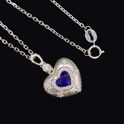 FIICCI Natural Diamond And Heart Shape Royal Blue Sapphire In 18K White Gold Necklace