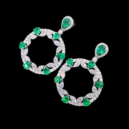 FIICCI Natural Diamond And Circle Emerald Earrings In 18K White Gold