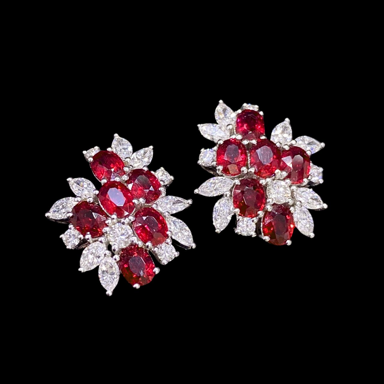 FIICCI Natural Diamond And Passion Ruby Earrings In 18K White Gold