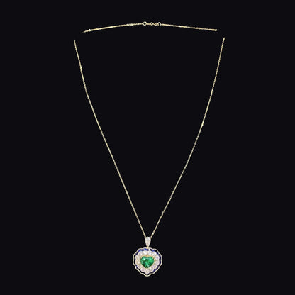 FIICCI Antique Natural Diamond And Heart Emerald In 18K Yellow Gold Necklace