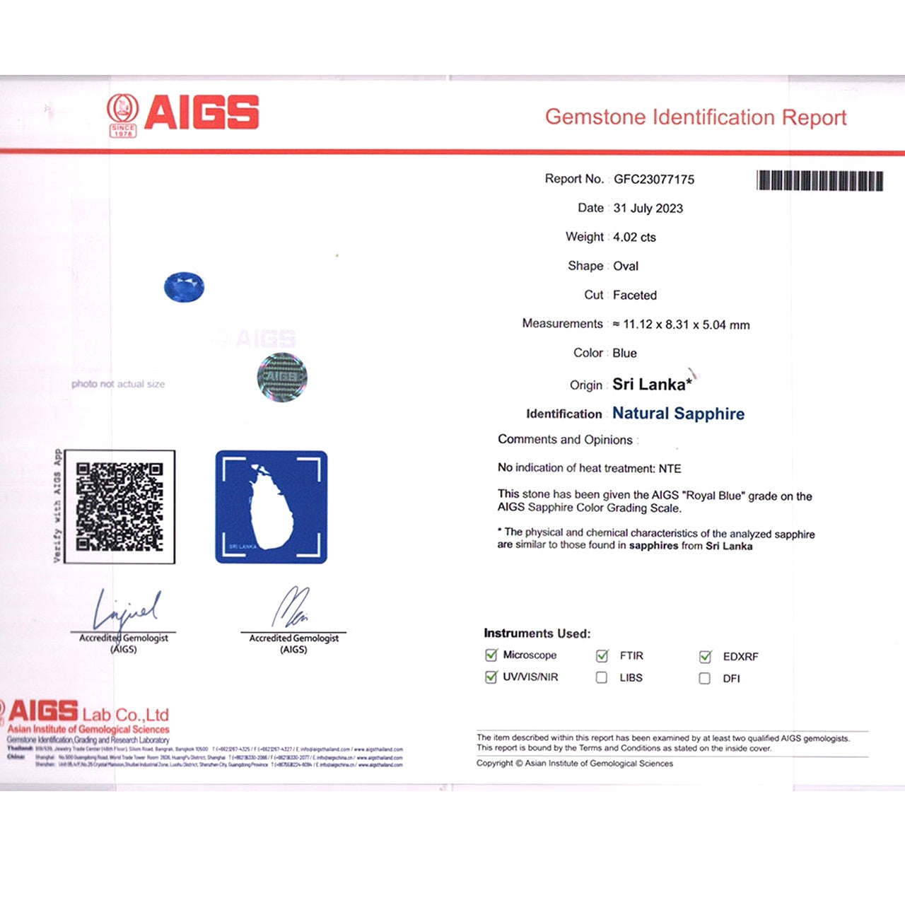 AIGS Certified Unheated Royal Blue Sapphire - Oval Shape - 4.02 carats - 11.12 x 8.31 mm