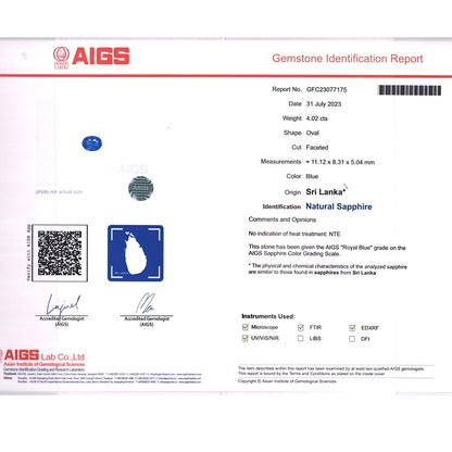 AIGS Certified Unheated Royal Blue Sapphire - Oval Shape - 4.02 carats - 11.12 x 8.31 mm