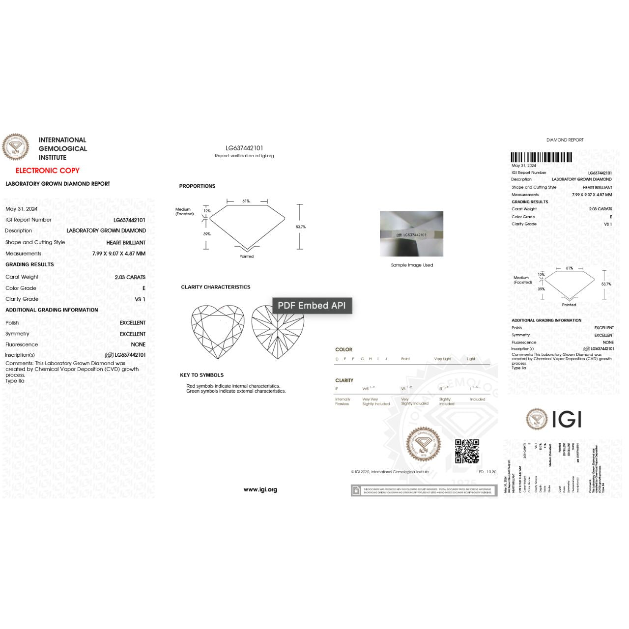 IGI Certified Lab Grown Diamonds -  E Color - Heart Shape - 2.03 ct