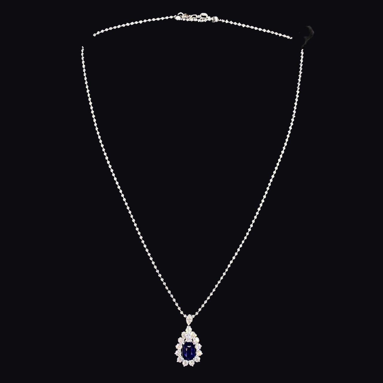 FIICCI Natural Diamond And Cushion Royal Blue Sapphire In 18K White Gold Necklace