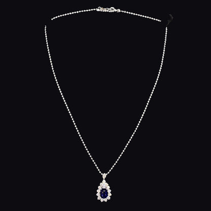 FIICCI Natural Diamond And Cushion Royal Blue Sapphire In 18K White Gold Necklace