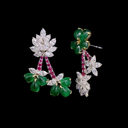 FIICCI Flower Natural Diamond And Emerald Ruby Earrings In 18K White Gold