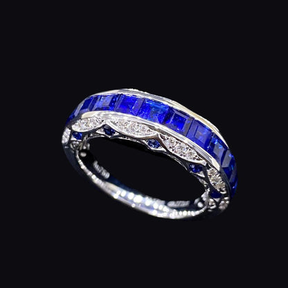 FIICCI Royal Blue Sapphire And Diamond Band In 18K White Gold