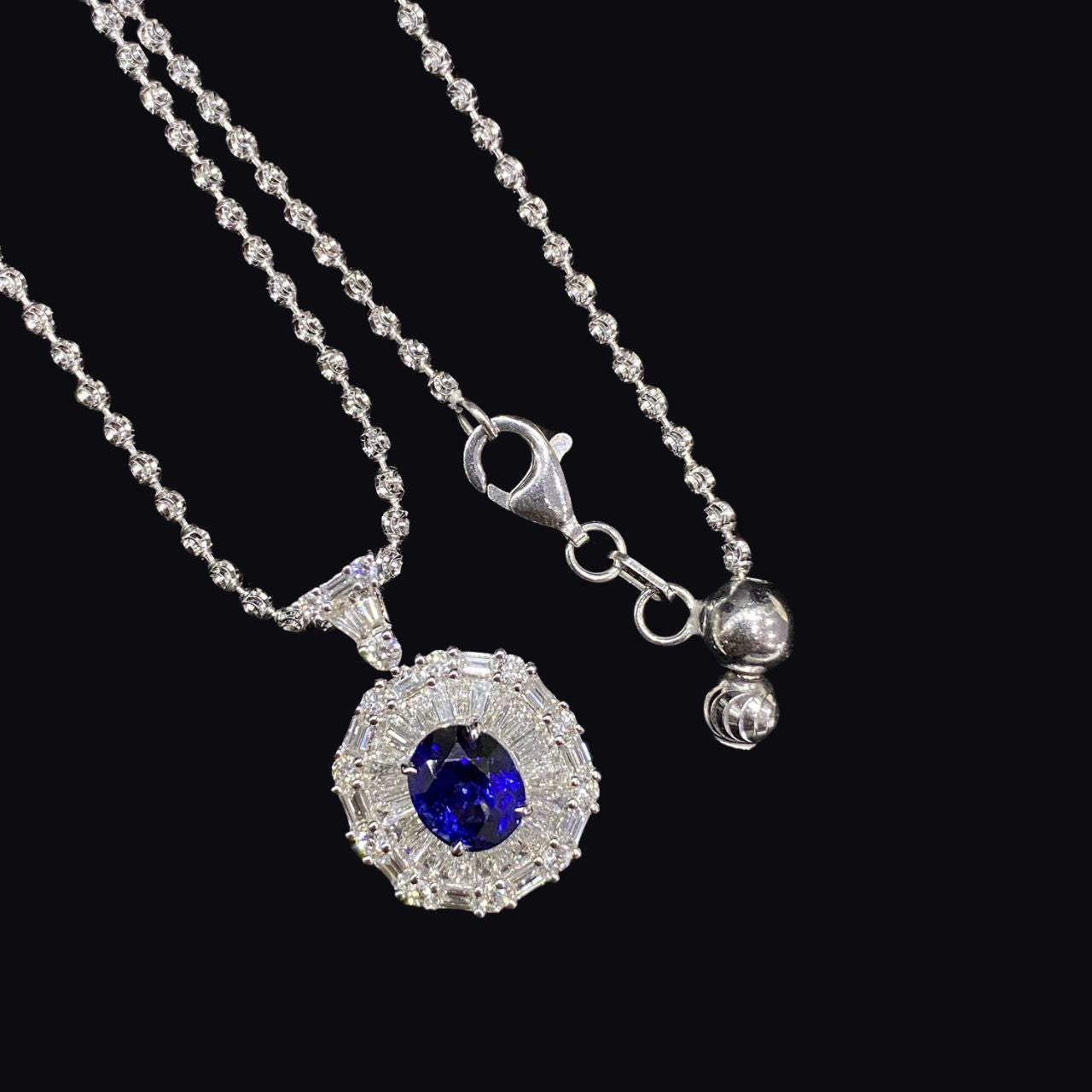 FIICCI Antique Diamond And Royal Blue Sapphire In 18K White Gold Necklace