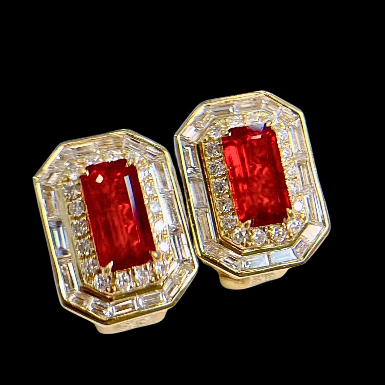 FIICCI Natural Diamond And Passion Ruby Earrings In 18K Yellow Gold