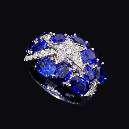 FIICCI Royal Blue Sapphire And Star Diamond Triple Cluster Ring In 18K White Gold