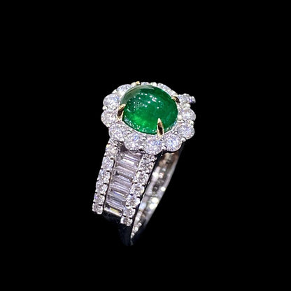 FIICCI Antique 18K White Gold Cabochon Emerald And Diamond Engagement Ring