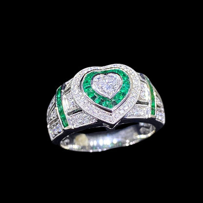 FIICCI Natural Heart Shape Diamond And Emerald In 18K White Gold Ring