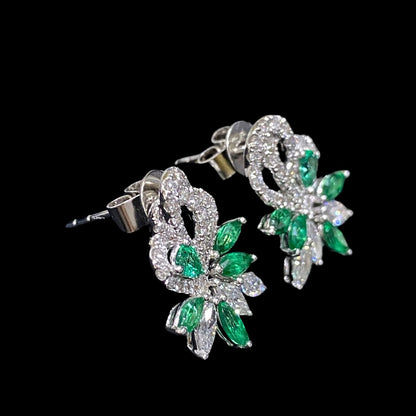 FIICCI Flower Natural Diamond And Emerald Stud Earrings In 18K White Gold