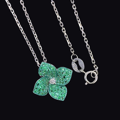 FIICCI Natural Diamond And Flower Emerald In 18K White Gold Necklace