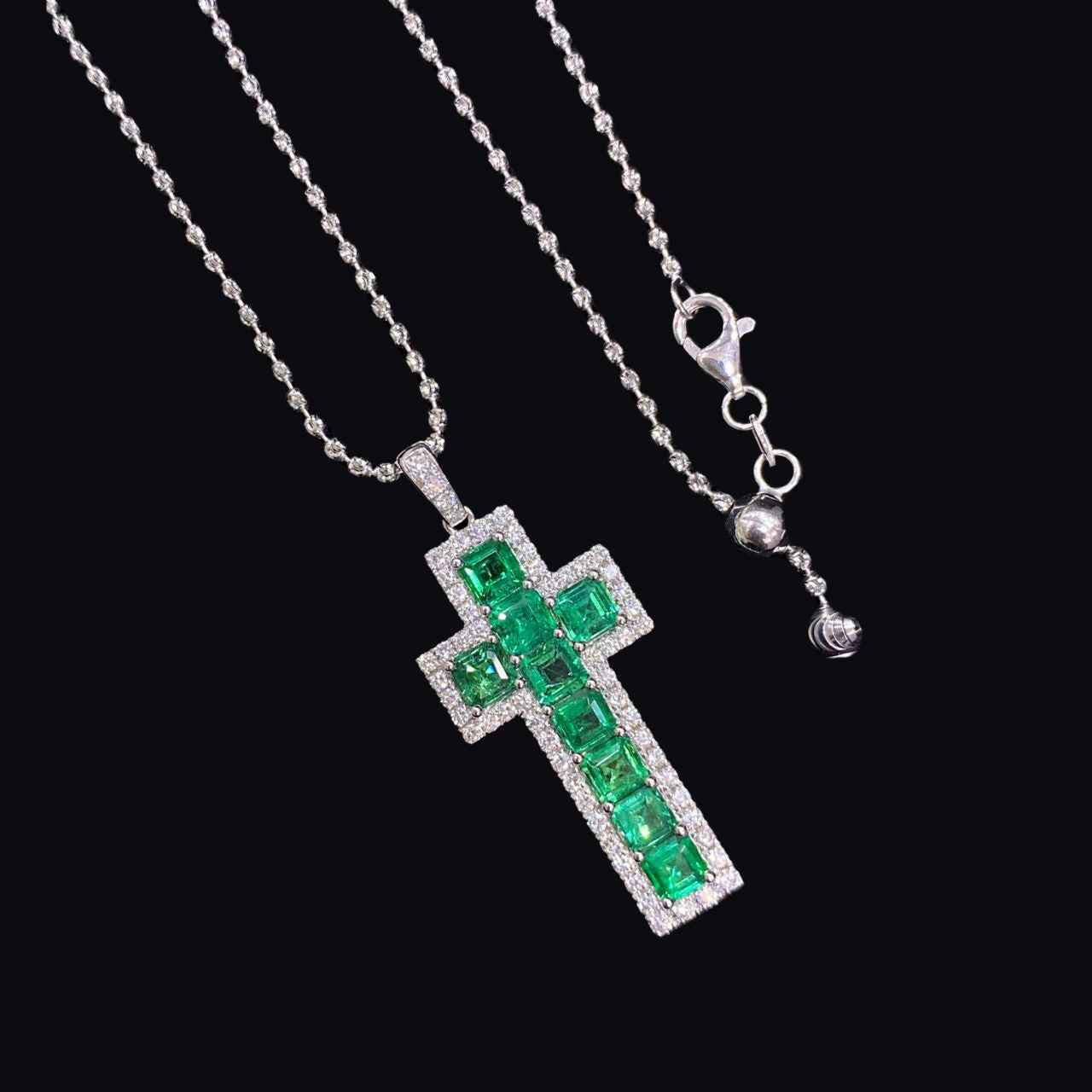 FIICCI Natural Diamond And Emerald In 18K White Gold Cross Necklace