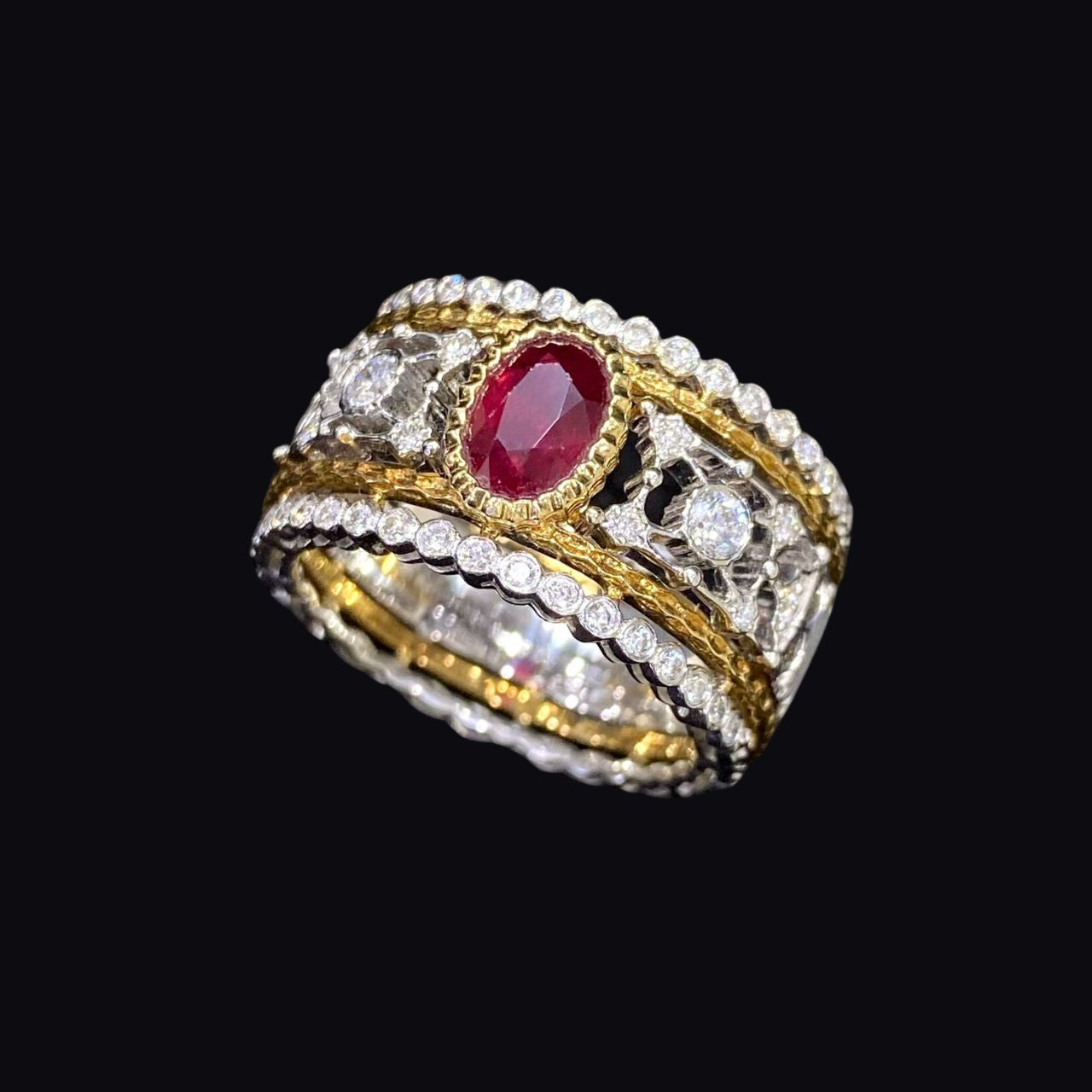 Vintage 18K Yellow White Gold Oval Ruby And Diamond Ring