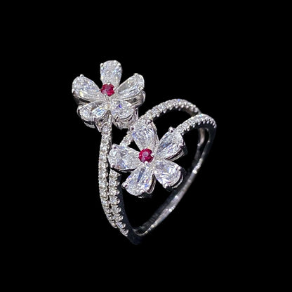 FIICCI Flower Natural Ruby And Diamond In 18K White Gold Engagement Ring