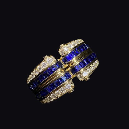 FIICCI Antique Princess Cut Royal Blue Sapphire And Diamond Ring In 18K Yellow Gold