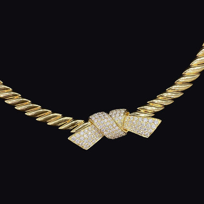 FIICCI Luxury 18K Yellow Gold and Diamond Ribbon Necklace