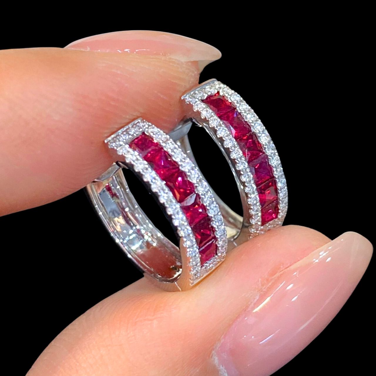 FIICCI Natural Diamond And Invisible Set Ruby Earrings In 18K White Gold