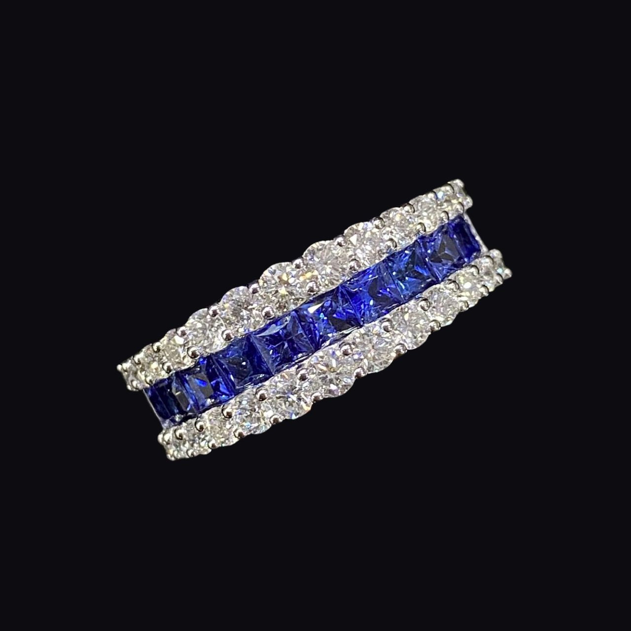 FIICCI Antique Princess Cut Royal Blue Sapphire And Diamond Wedding Band In 18K White Gold