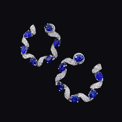 FIICCI Natural Diamond And Royal Blue Sapphire Circle Earrings In 18K White Gold