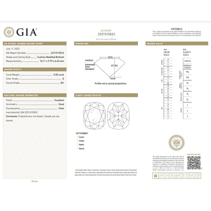 GIA Certified 5.50 Carat Cushion Diamond Good Cut - G Color - SI1 Clarity