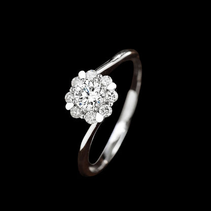 FIICCI Natural Diamond Flower Engagement Ring 0.3ct Round 18K White Gold