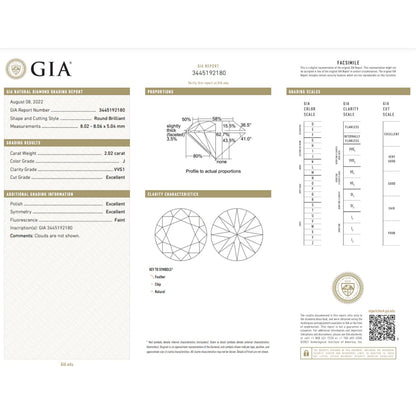 GIA Certified 2.02 Carat Round Diamond Ideal Cut - J Color - VVS1 Clarity