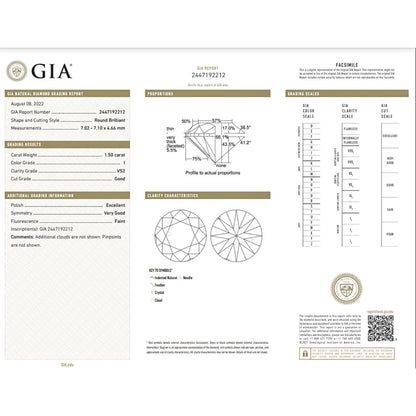 GIA Certified 1.50 Carat Round Diamond Good Cut - I Color - VS2 Clarity