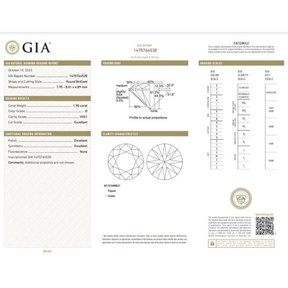 GIA Certified 1.90 Carat Round Diamond Ideal Cut - D Color - VVS1 Clarity